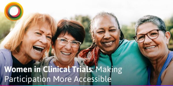 Four women smiling together, representing women in clinical trials and accessible participation.
