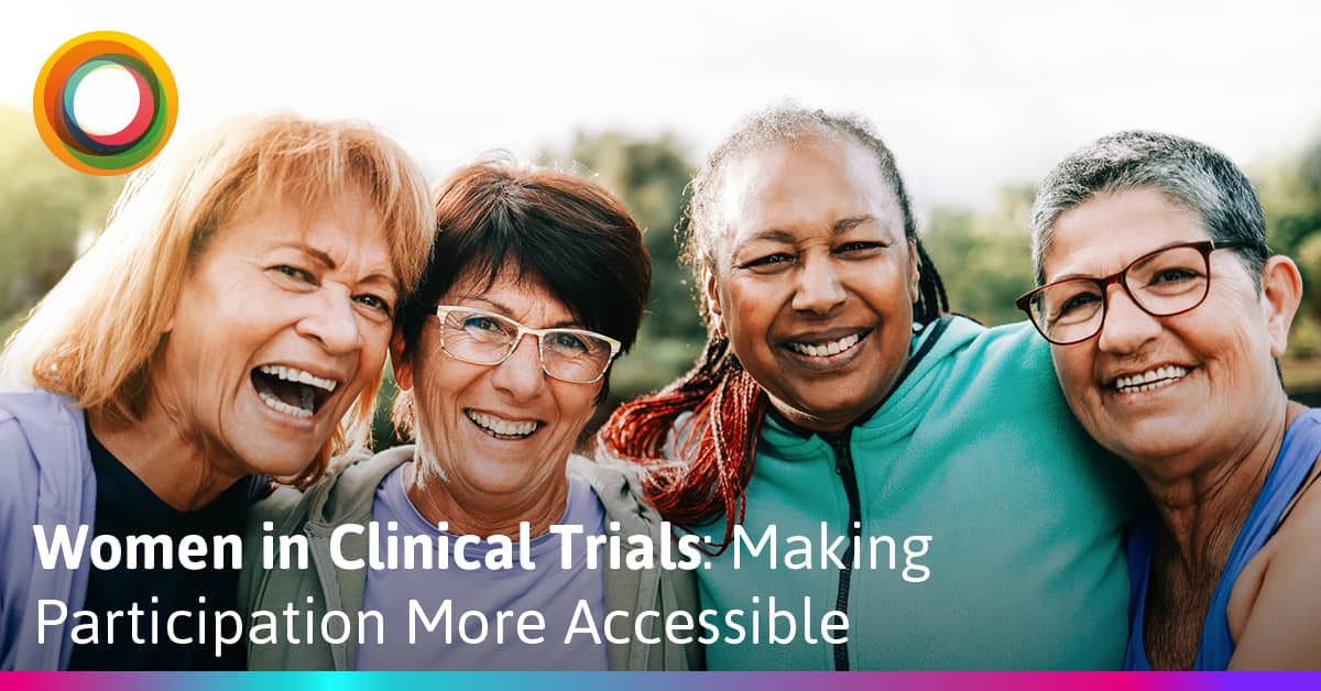 Four women smiling together, representing women in clinical trials and accessible participation.